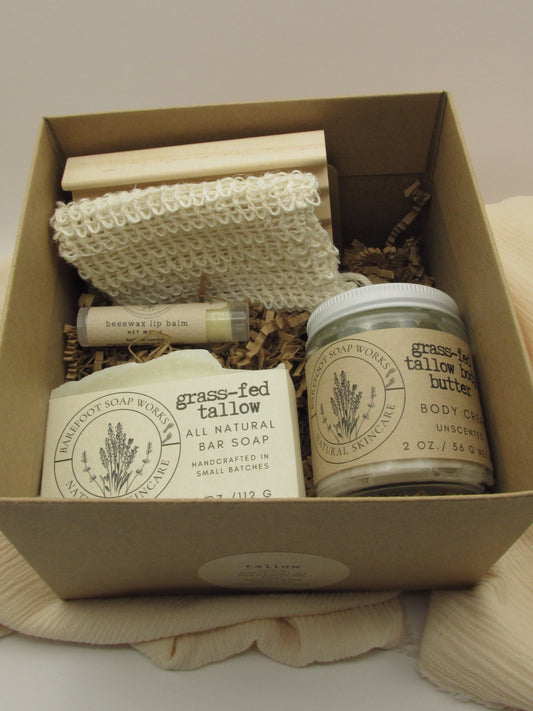 Grass Fed Tallow Skincare Gift Set | Natural Tallow Soap, Whipped Body Butter & Lip Balm | Traditional Nourishing Bath Gift