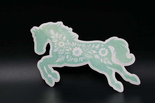 Equestrian Chic: Green Floral Horse Vinyl Sticker