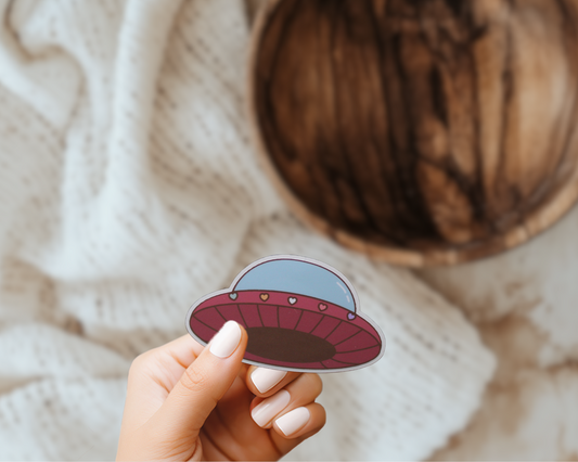 Cute Alien Spaceship Heart Lights Flying Cryptid Valentines Die Cut Vinyl Sticker Gift